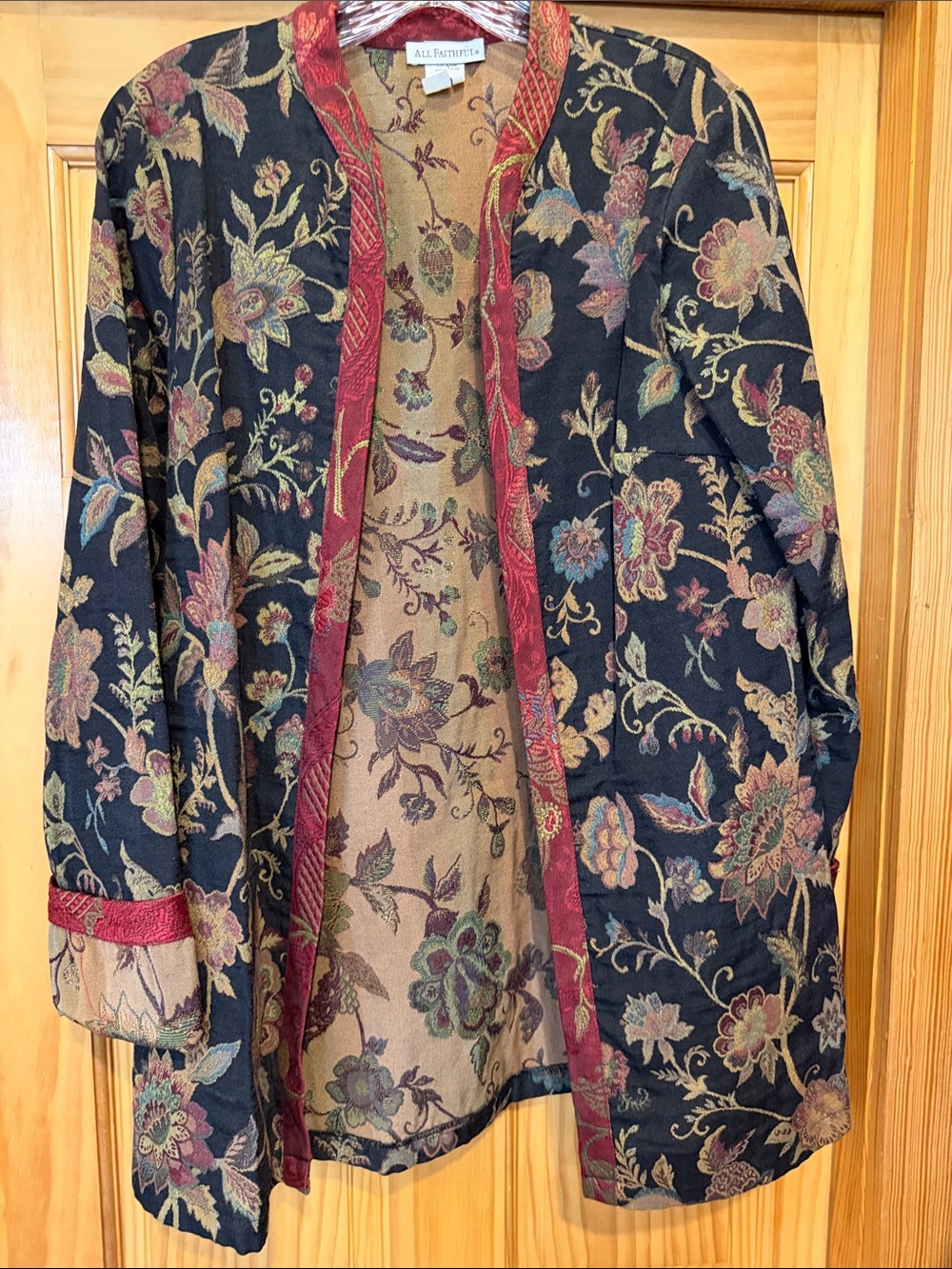 All Faithful Black Floral Open-Front Tunic Jacket with Red Trim